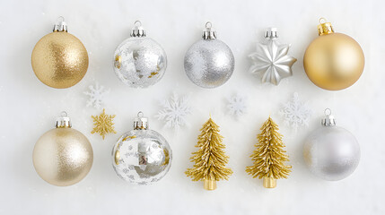 Fototapeta premium Elegant Christmas ornaments in gold and silver. Glitter baubles, mini trees, and snowflakes arranged on a white marble background. Festive and luxurious holiday decor.