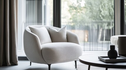Modern minimalist lounge with elegant, refined decor. Featuring clean lines and muted tones