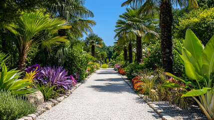 Florida Tropical Gravel Pathway with palm trees and vibrant flowers, serene outdoor trail