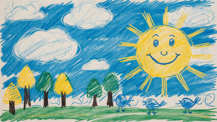 Vibrant rough colored pencil sketch of a cheerful sunny day with trees and birds in a playful landscape