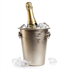 Champagne Bottle in Ice Bucket with Ice Cubes Isolated on White Background