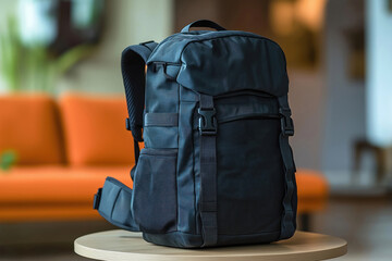 Stylish black backpack sits on table. Modern interior out of focus in background. Functional bag robust, roomy. Ideal for travel everyday use. Design trendy, practical. Lightweight, comfortable to