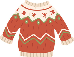 Red and beige winter sweater with green and white decorations and snowflakes, perfect for the holidays season, bringing a cozy and festive atmosphere