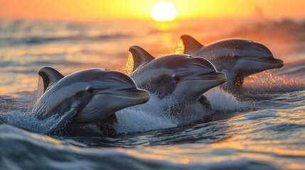 Obraz premium A captivating sunset scene featuring playful dolphins swimming gracefully in the ocean, showcasing their impressive agility and joy