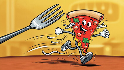 Cartoon pizza character joyfully escapes from a fork in a playful kitchen setting
