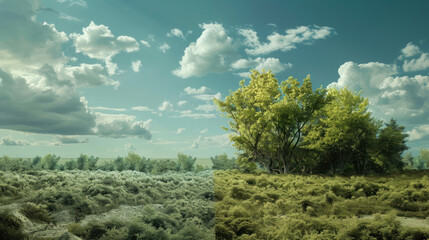 Obraz premium A time-lapse visualization of barren land transforming into a lush forest