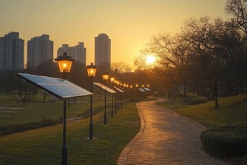 Fototapeta premium Solar-powered green streetlights illuminating a scenic pathway at sunset in an urban park environment