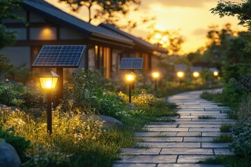 Green pathway of solar-powered streetlights illuminating tranquil gardens at sunset