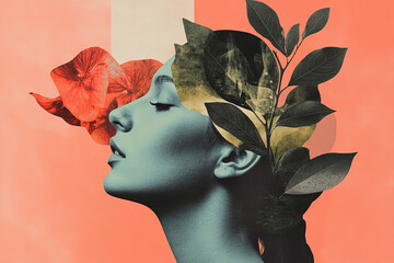Abstract Collage of Woman's Profile with Leaves and Floral Motifs symbolizing harmony between nature and human creativity.