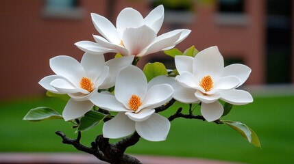 blooming magnolia tree with large white flowers in spring