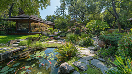 Obraz premium A tranquil Japanese tea garden with a stone pathway, koi pond, and tea house nestled amidst lush greenery,