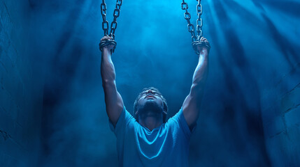 Man lifting chains in a dimly lit space