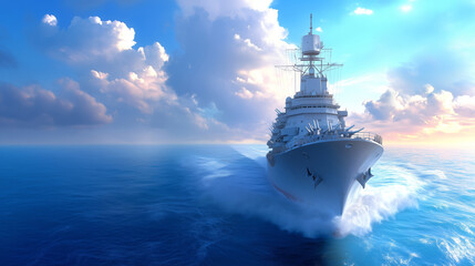 Naval vessel navigating through calm ocean waters at sunset