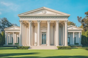 Obraz premium Grand neoclassical mansion with columns, manicured lawn, and a bright blue sky.