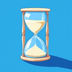 A clear hourglass with flowing sand on a vibrant blue background symbolizes the passage of time.