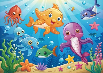 Fototapeta premium Cute Cartoon Underwater Animals: Jellyfish, Fish, Octopus, Seahorse, Dolphin, Starfish Illustration
