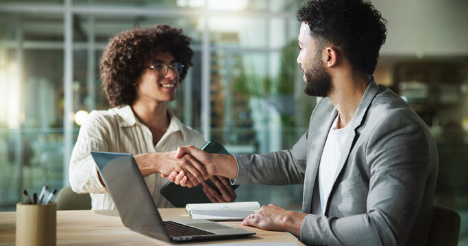 Men, smile and handshake in office for business, company welcome and agreement with technology. Happy people, intern and shaking hands in agency for deal, thank you and new recruitment in meeting