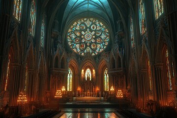 Fototapeta premium A majestic gothic cathedral interior, bathed in warm light, features stunning stained-glass windows and ornate architecture.