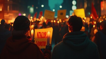 Obraz premium Two protesters holding candles and signs at a night demonstration.