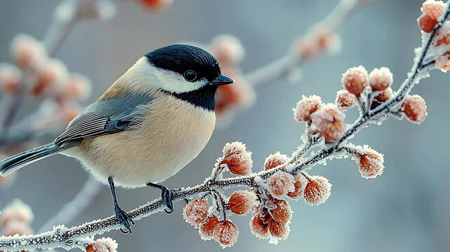 A chickadee perches on a frost-covered branch adorned with berries in a serene winter setting.