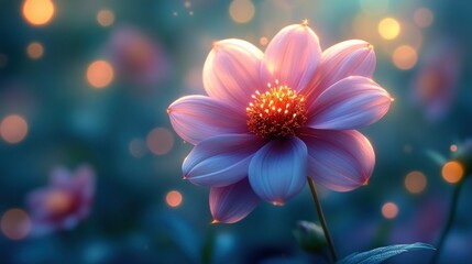 Magical pink flower glowing in bokeh lights.