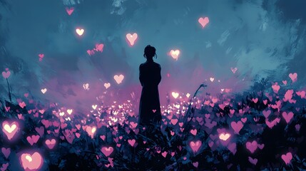 Yearning Hearts in a Dreamlike Landscape