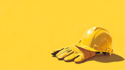 Labor day, yellow construction hard hat resting on a pair of protective work gloves against a matching yellow background. Wrought. Illustration