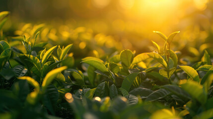 A vibrant tea garden at sunset with golden light enhancing the natural beauty of the plantation,