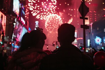 Fototapeta premium Joyful New Year Celebration with Friends and Fireworks
