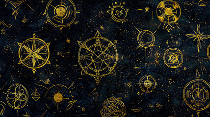 A woven texture of shimmering golden threads creating intricate, magical symbols against a dark, velvety background, exuding a mystical and regal ambiance, perfect for elegant designs.
