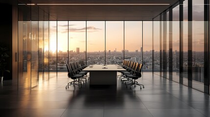 An empty modern boardroom with glass walls overlooking the city, surrounded by black office chairs around a table