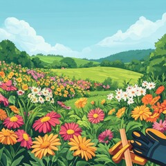 Fototapeta premium Vibrant colorful flowers in a sunny field with gardening gloves and tools, showcasing the beauty of nature.