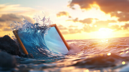 stunning ocean wave crashes against picture frame, reflecting sunset