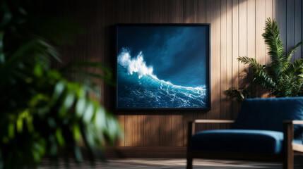 Fototapeta premium stunning ocean wave artwork displayed in modern interior setting, surrounded by greenery