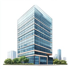 Obraz premium Modern commercial building with sleek glass facade, surrounded by greenery and urban skyline, showcasing contemporary architecture.