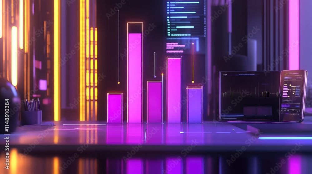 Poster futuristic data visualization with neon bars and digital interface in a high-tech workspace environm