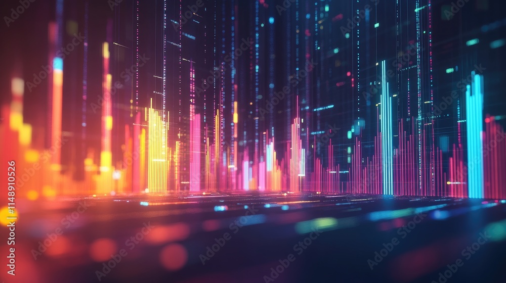 Poster abstract digital visualization of colorful data flow with vertical bars representing dynamic informa