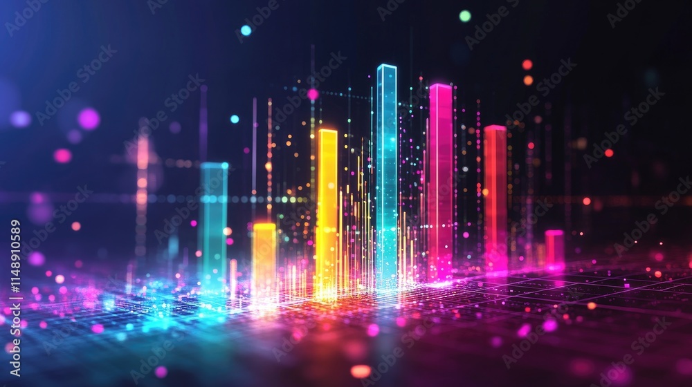 Poster vibrant abstract data visualization with colorful bar graphs illuminating a dark background in a mod