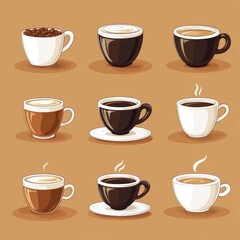 Obraz premium A colorful grid of coffee cups featuring various styles, showcasing the warmth and richness of coffee drinks.