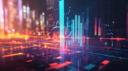 Abstract Financial Data Visualization with Colorful Graphs and Dynamic Charts in a Modern City Environment Representing Economic Trends and Market Analysis