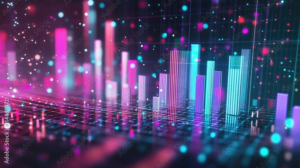 Poster abstract data visualization with colorful bars and dots representing financial growth and technology