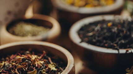 Close-up of dried black tea leaves, highlighting their deep earthy tones and rich aromas,