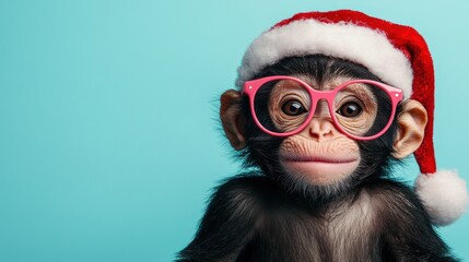 Festive Chimp Christmas Cheer: Adorable Baby Monkey in Santa Hat and Pink Glasses