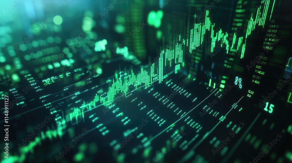 Poster abstract digital financial data visualization with green chart lines and numbers representing market