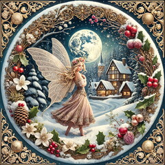 A fairy in a snowy winter village scene, surrounded by decorative holly and golden details.