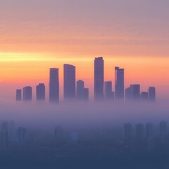 Fototapeta premium A stunning skyline shrouded in morning fog, with tall skyscrapers rising majestically in soft pastel colors.