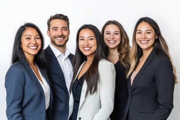 A diverse group of smiling business professionals dressed in suits, showcasing a collaborative and successful team.