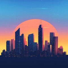 Naklejka premium A stunning skyline of modern architecture silhouetted against a vibrant sunset, creating a serene urban atmosphere.
