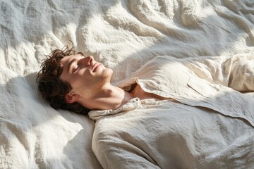 A young man peacefully sleeps on a bed, sunlight illuminating the beige linen sheets and his relaxed posture.
