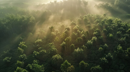 Drone shot of a mist-covered tea plantation, highlighting the interplay between light and shadow,